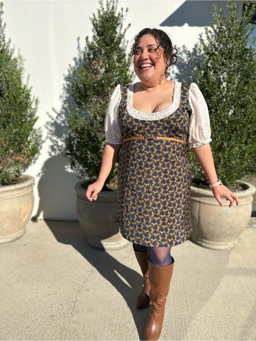 Maeve Equestrian Blue and Mustard Dress with puff sleeve - Picture 2 of 4